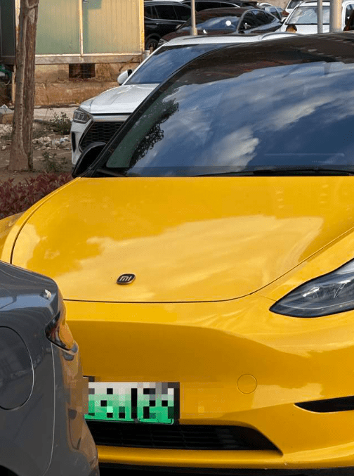 西安一輛特斯拉私家車被發現更換為小米車標。大風新聞