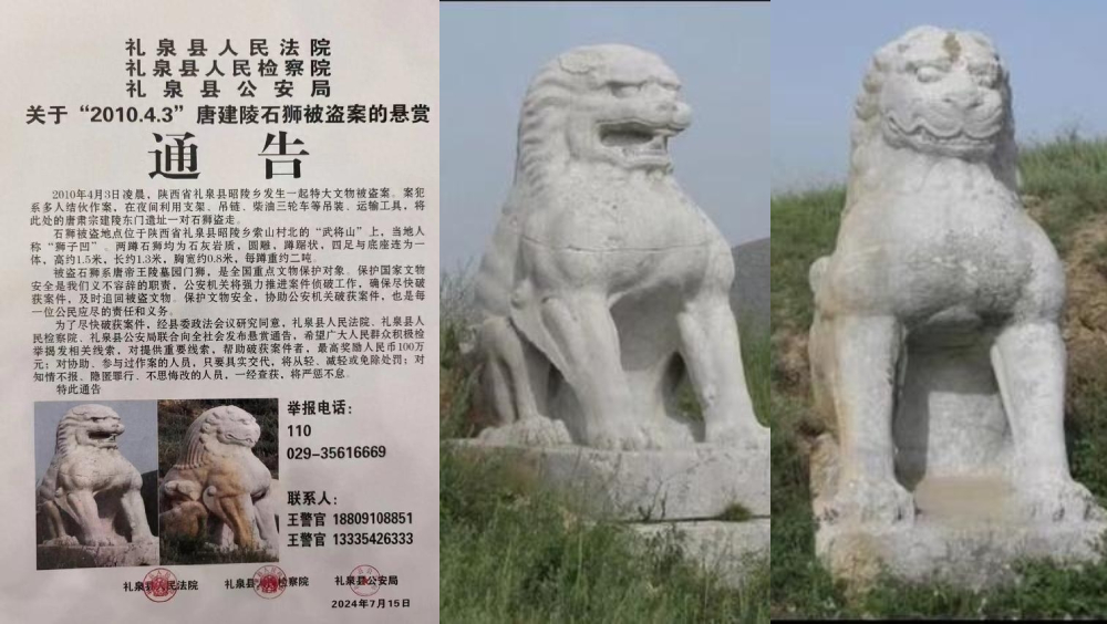 唐建陵石獅被盜逾14年，陝西禮泉縣再發懸賞，從10萬增至100萬人民幣。