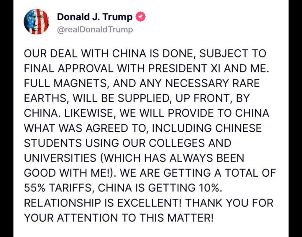 特朗普宣布與中國就稀土供應達成共識。 特朗普宣布與中國就稀土供應達成共識。