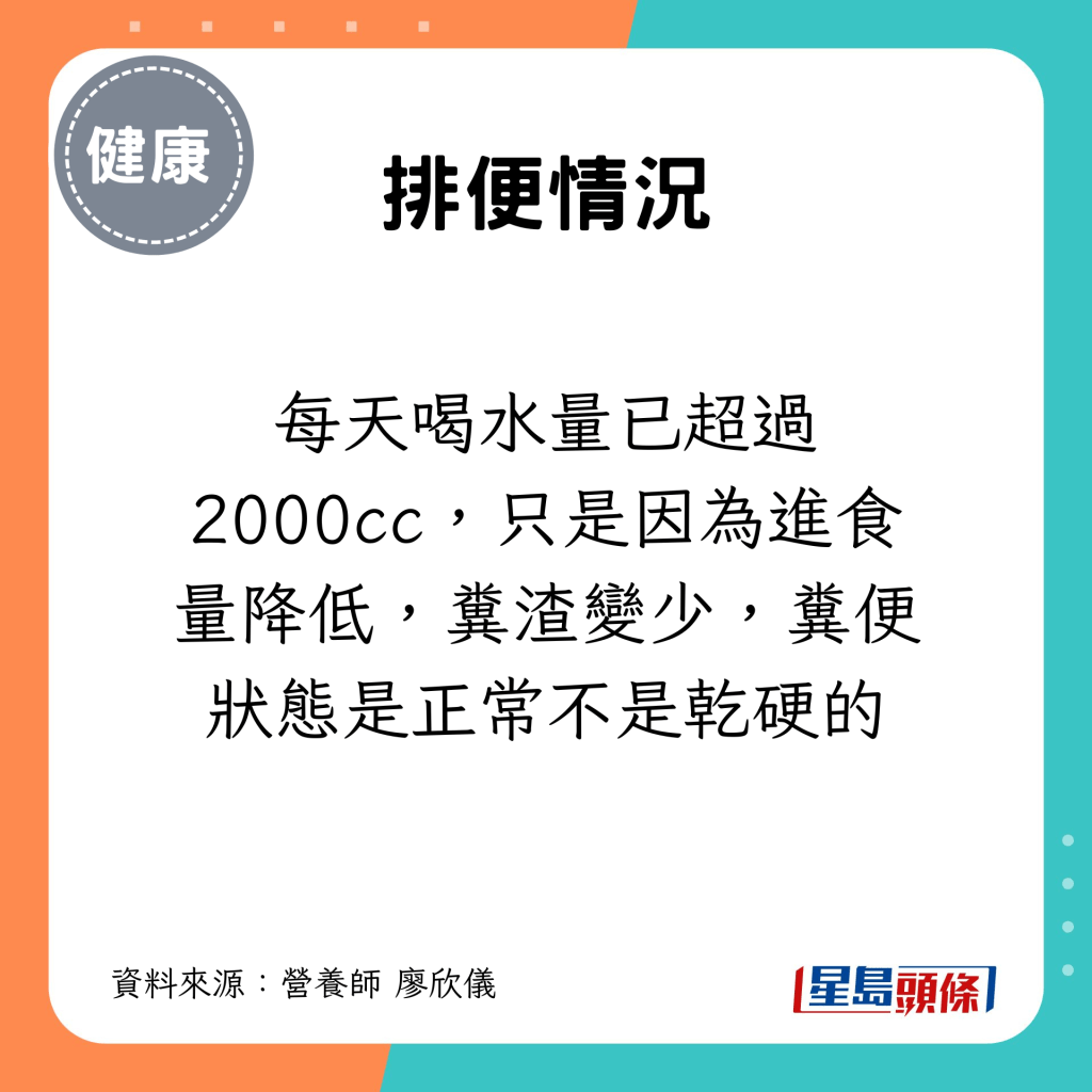 每天喝水量已超過2000cc，只是因為進食量降低，糞渣變少，糞便狀態是正常不是乾硬的