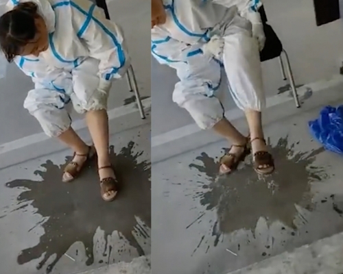 新疆醫護炎夏穿全套防護衣工作,脫下時褲腳倒出一灘水。(網圖)
