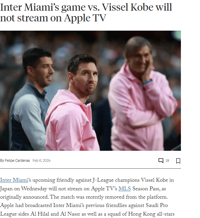 《The Athletic》引述APPLE TV解释为何没有直播。《The Athletic》截图
