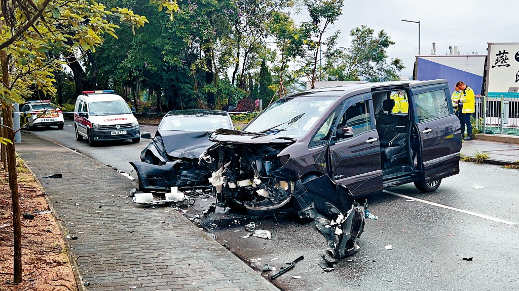 七人車疑因走錯行車線致逆線行車，與一輛Tesla電動車迎頭相撞，兩車車頭嚴重損毀。