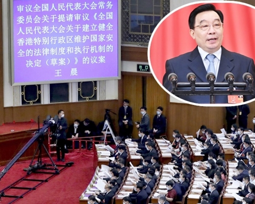 王晨（小圖）批評外部勢力為香港反中亂港勢力撐腰打氣。新華社