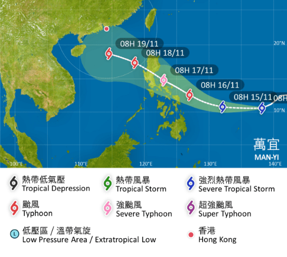 熱帶氣旋「萬宜」路徑圖。天文台圖片