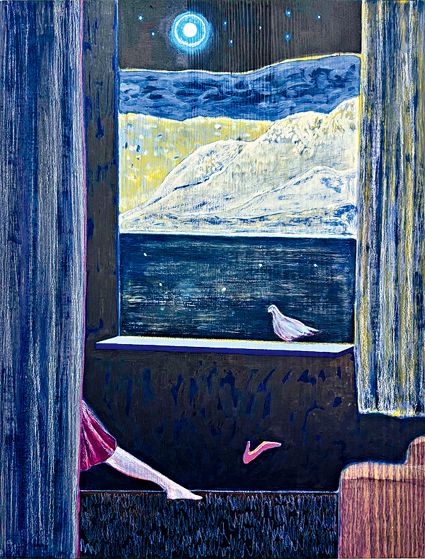 江俊雅作品《腳揈揈》，2025年，40x30cm，木板上塑膠彩、彩色鉛筆、墨。