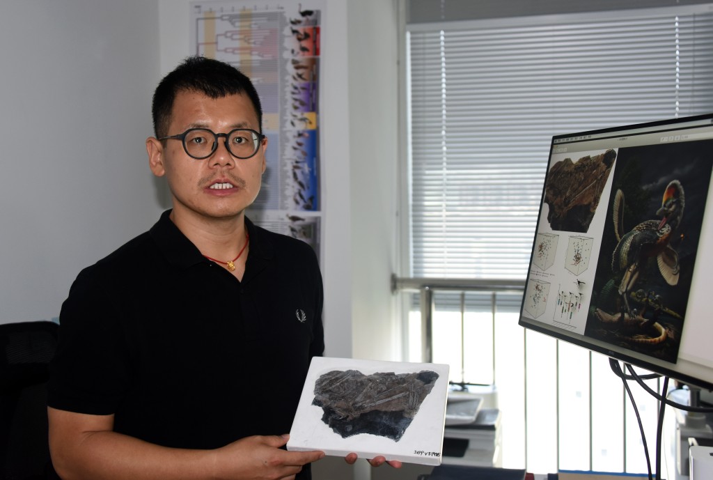 王敏研究員展示介紹「奇異福建龍」化石發現及相關研究成果。中新