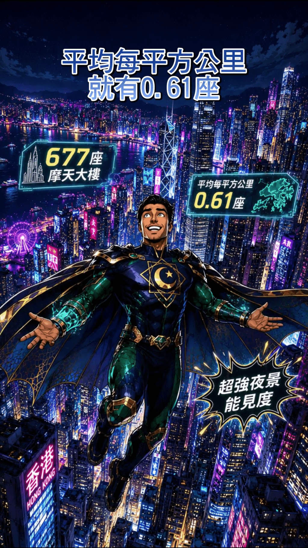 香港擁有多達677座摩天大樓，平均每平方公里便有0.61座，形成了極具震撼力的「摩天奇觀」。