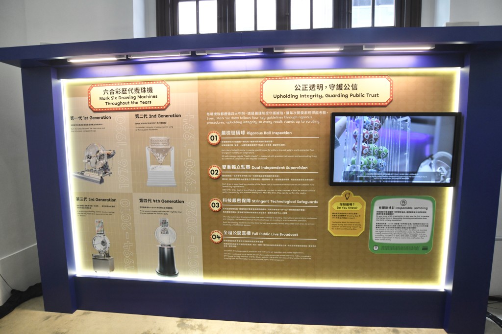 展覽展出最早期彩票、第三代六合彩攪珠機等文物。