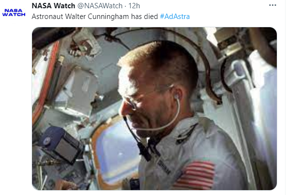 太空總署發表聲明，公布坎寧安（Walter Cunningham）死訊。twitter圖