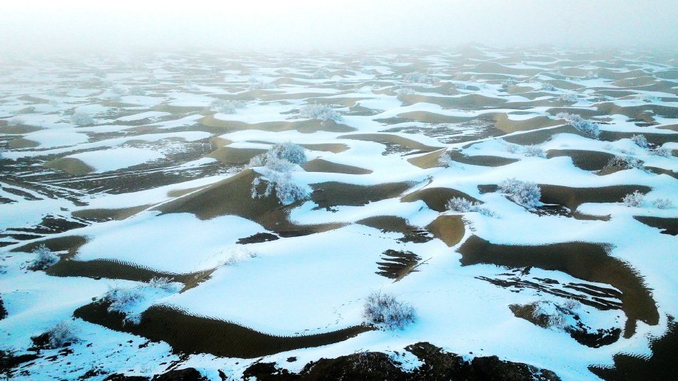 新疆塔克拉瑪干沙漠現「雪海」奇景。（微博）