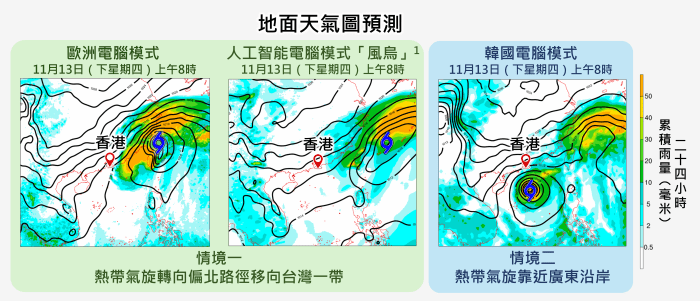 不同電腦預報模式對於鳳凰轉向位置及強度仍有分歧。天文台圖片