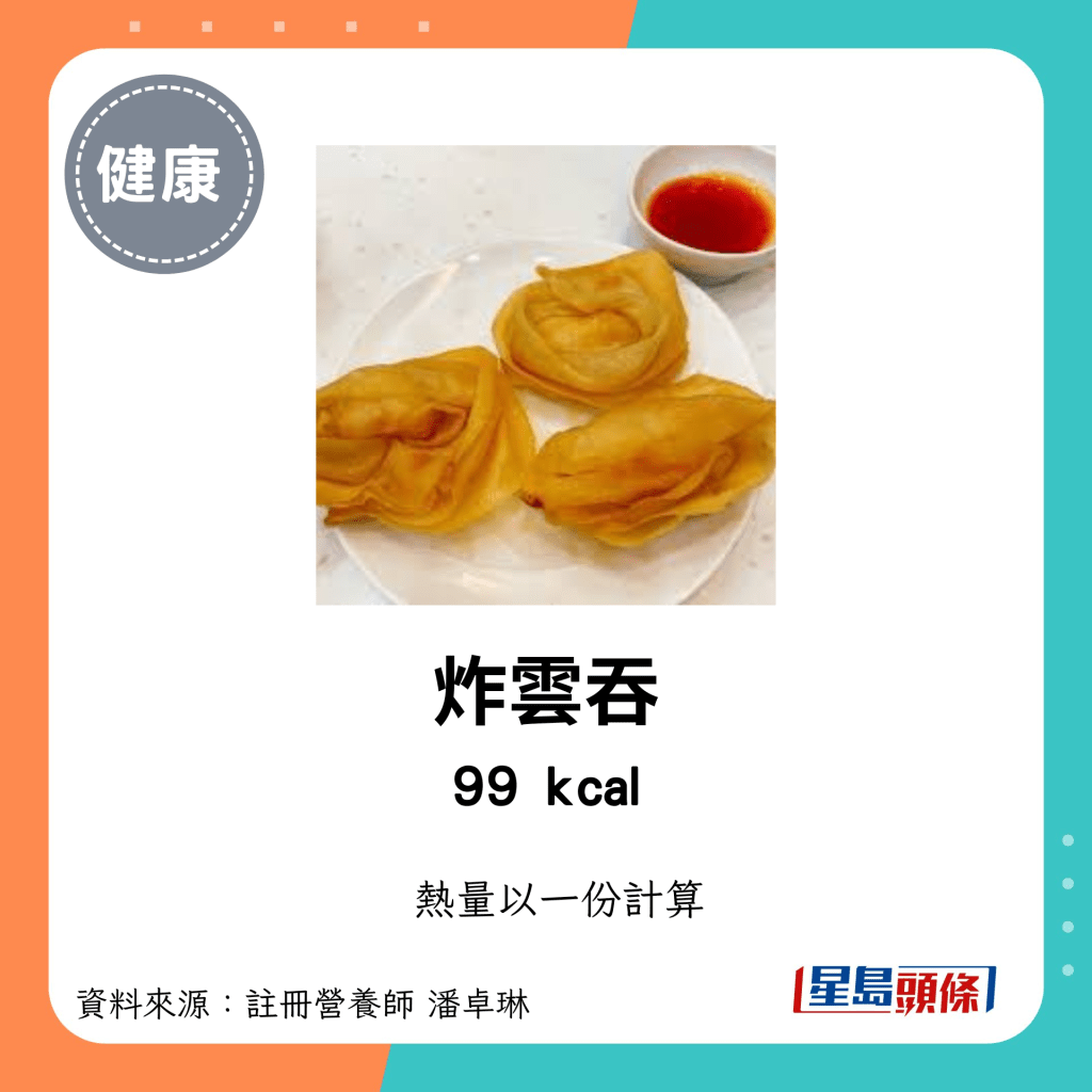 较高卡路里点心：炸云吞 99kcal/份