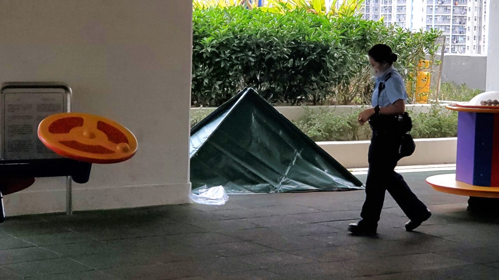 一名女子由高處墮下，倒卧三樓平台休憩處對開當場死亡。蔡楚輝攝