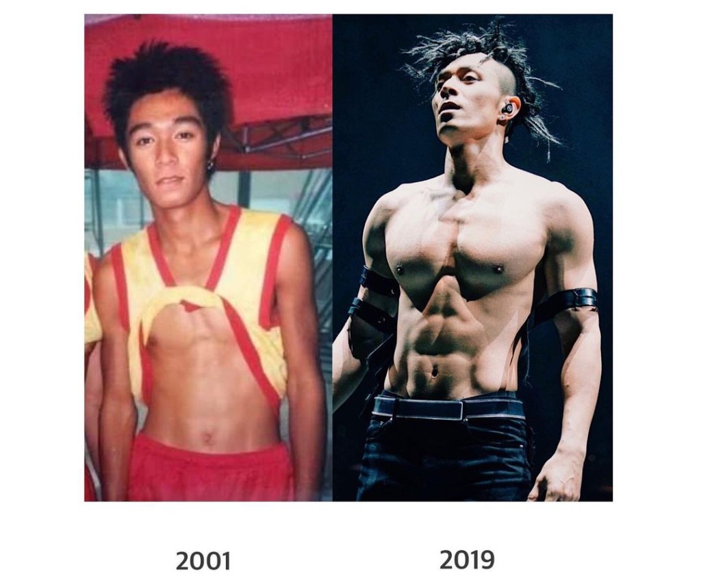 周柏豪以自己於19年個唱的爆肌相作對比。