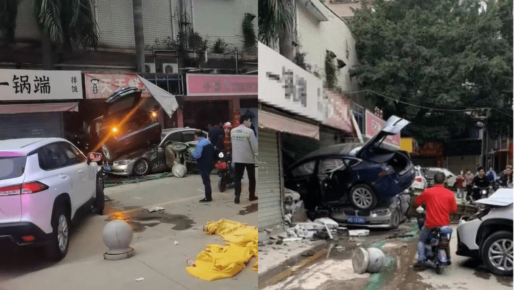 東莞特斯拉(Tesla)失控,連撞2車衝入店鋪 2人傷。