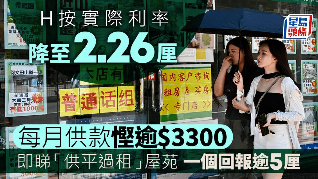 H按實際利率降至2.26厘 每月供款慳逾3300元 即睇「供平過租」屋苑 一個回報逾5厘