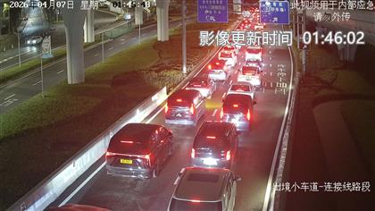 港珠澳大橋珠海口岸（往香港方向）的汽車長龍超過500米，等候檢查時間逾40分鐘。credit： 港珠澳大橋珠海口岸圖片