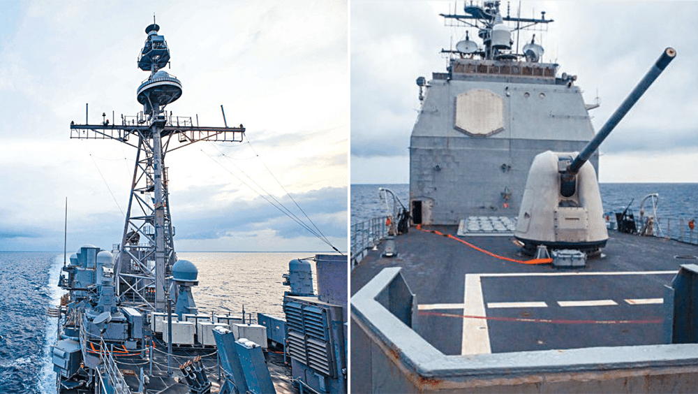 美軍軍艦「錢斯洛斯維爾號」(左)和「安提坦號」(右)穿越台灣海峽。美國第七艦隊官網