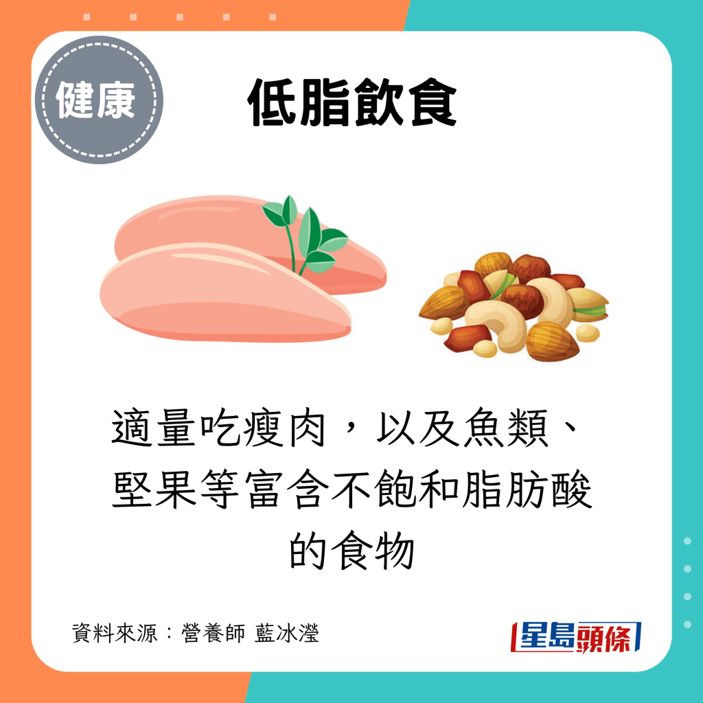 适量吃瘦肉，以及鱼类、坚果等富含不饱和脂肪酸的食物