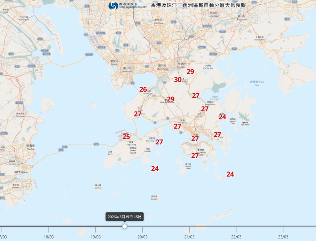天文台自動分區天氣預報顯示，3月19日下午3時，上水氣溫可能達30度。
