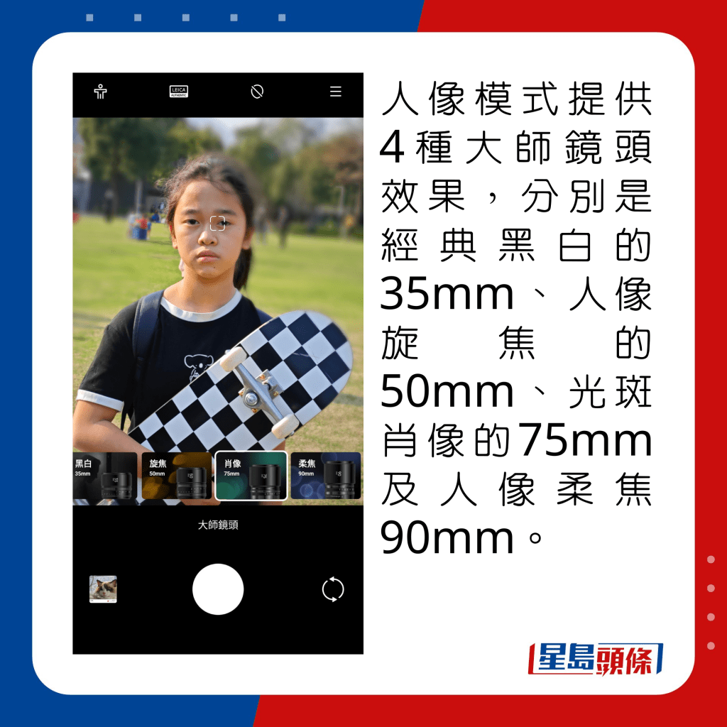 人像模式提供4種大師鏡頭效果，分別是經典黑白的35mm、人像旋焦的50mm、光斑肖像的75mm及人像柔焦90mm。