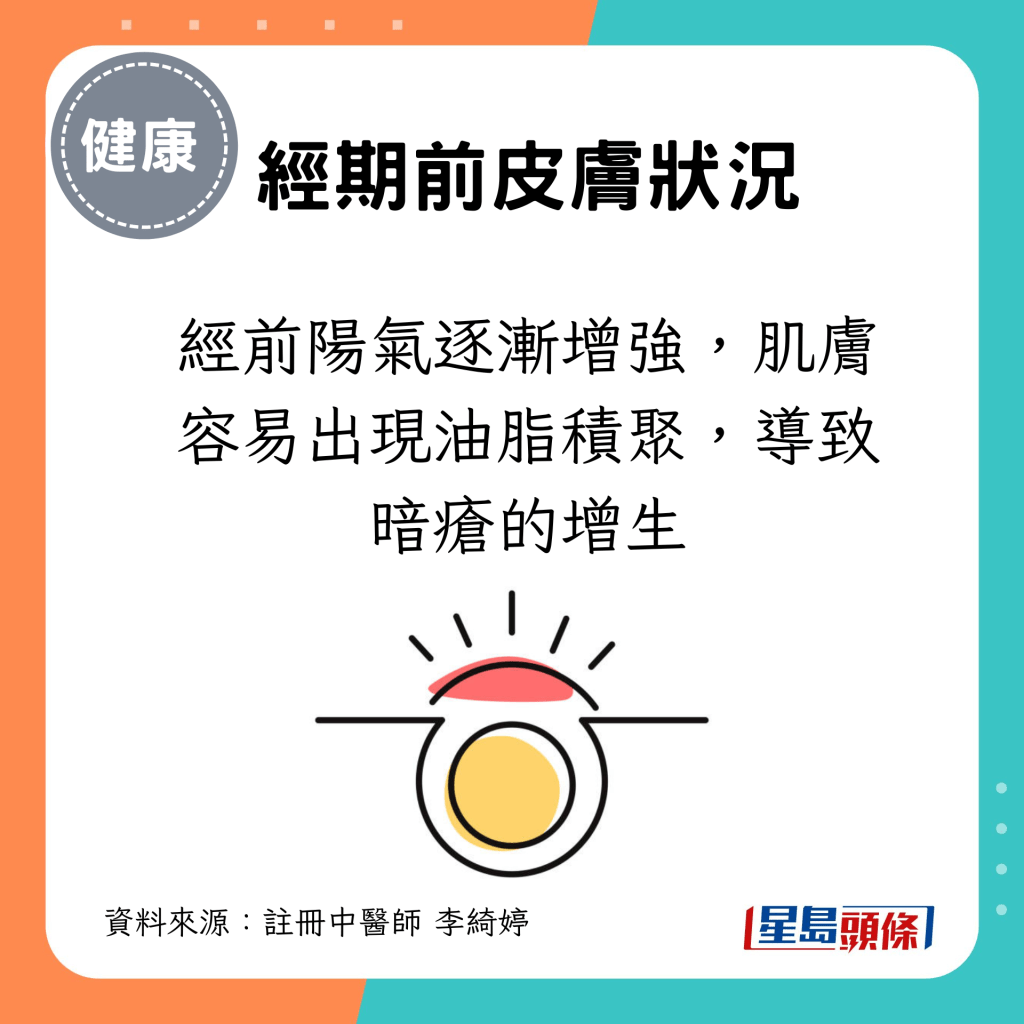 經前陽氣逐漸增強，肌膚容易出現油脂積聚，導致暗瘡的增生