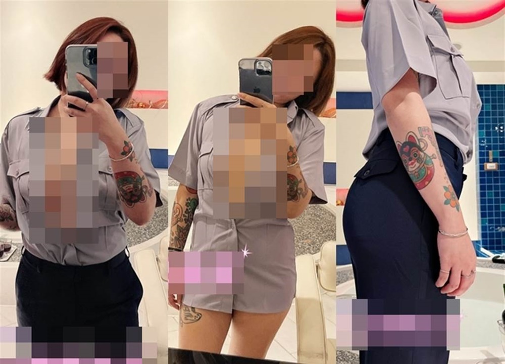 台灣一名姓崔女子當日在警署外拍完裸照後,當晚還在酒店身穿警員制服拍攝爆乳照。網上圖片