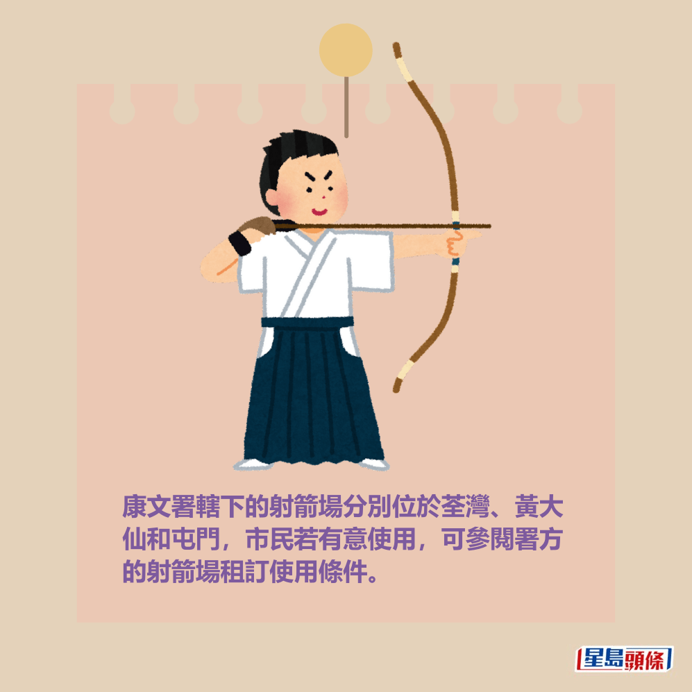康文署轄下的射箭場分別位於荃灣、黃大 仙和屯門,市民若有意使用,可參閱署方 的射箭場租訂使用條件。 康文署轄下的射箭場分別位於荃灣、黃大 仙和屯門,市民若有意使用,可參閱署方 的射箭場租訂使用條件。