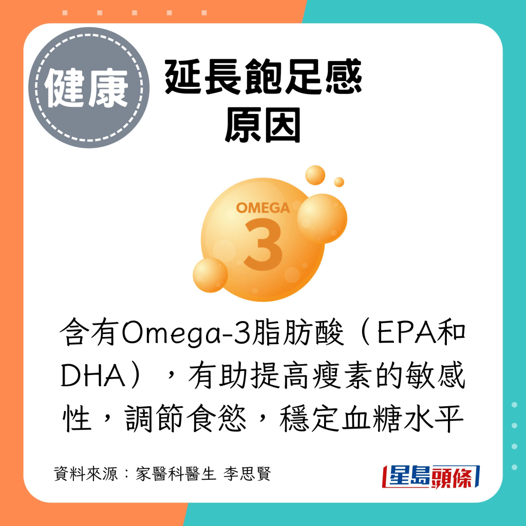 含有Omega-3脂肪酸（EPA和DHA），有助提高瘦素的敏感性，调节食欲，稳定血糖水平