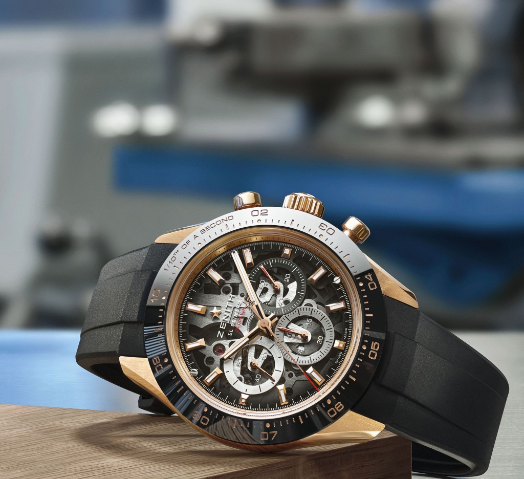 Zenith Chronomaster Sport Skeleton / 錶殼：41mm不鏽鋼或玫瑰金 / 機芯：El Primero 3600 SK自動 / 售價： $127,500（不鏽鋼）、$238,700（玫瑰金）、$862,400（鑲鑽玫瑰金）。