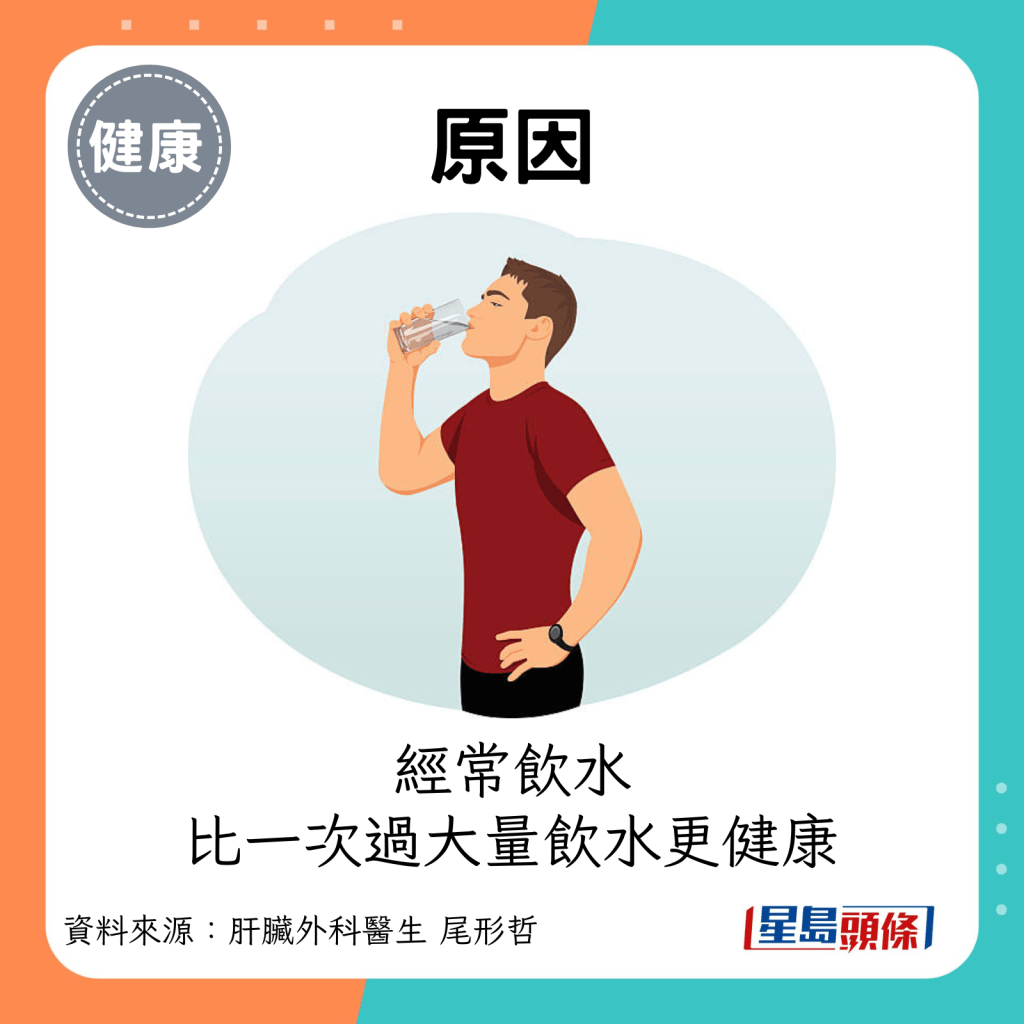 原因：经常饮水比一次过大量饮水更健康。