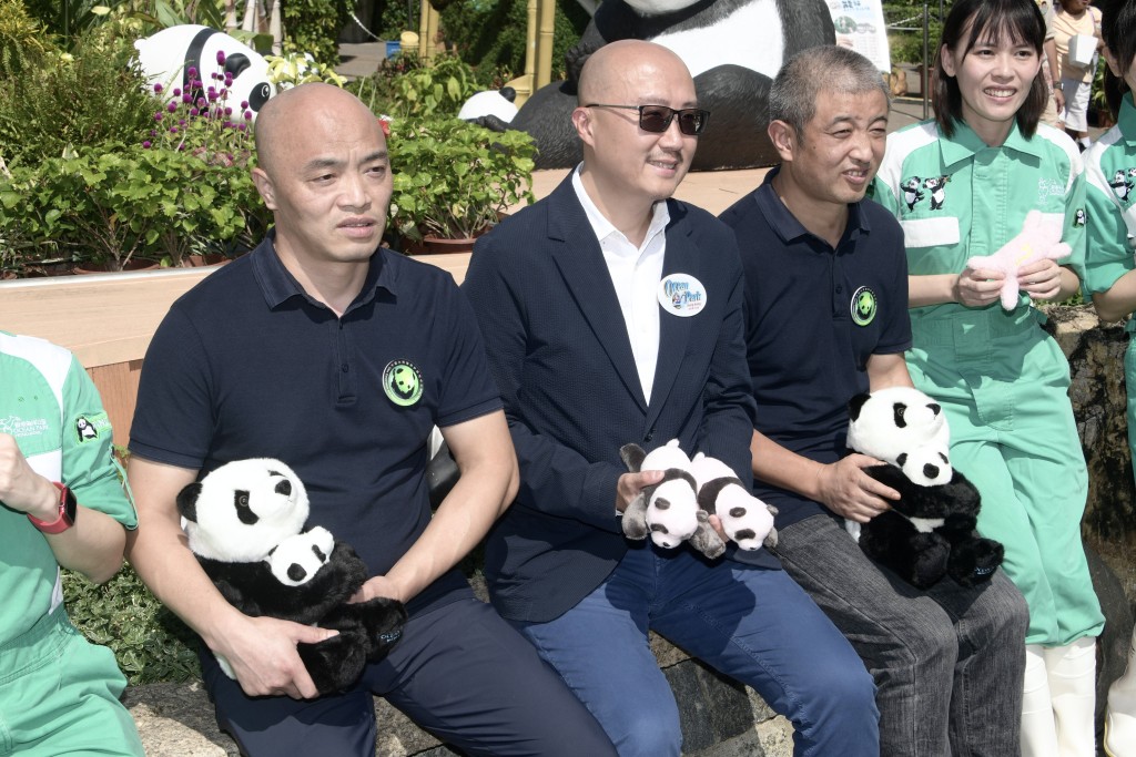 海洋公園動物護理團隊舉行記者會，分享現時一對大熊貓姊弟的生活日常和照顧牠們的體驗。（陳浩元攝）