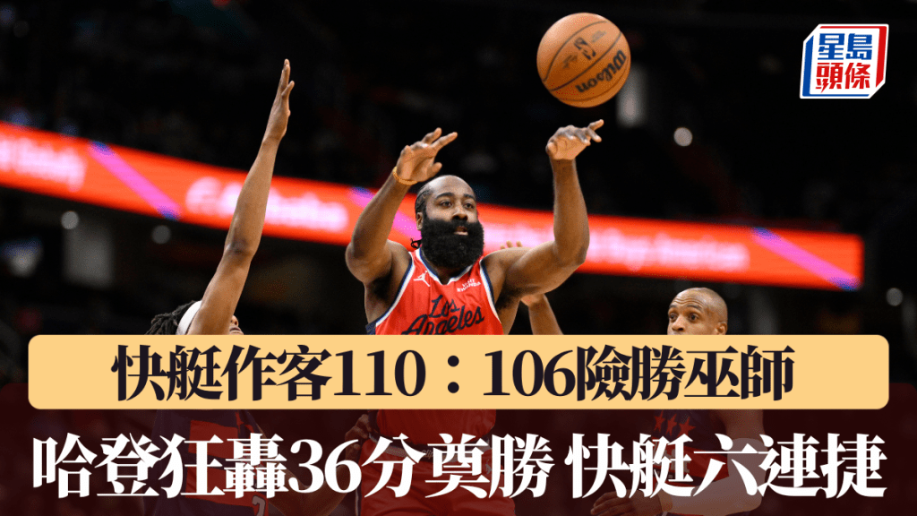 NBA｜快艇作客110：106險勝巫師 哈登狂轟36分奠勝 快艇六連捷。美聯社圖片