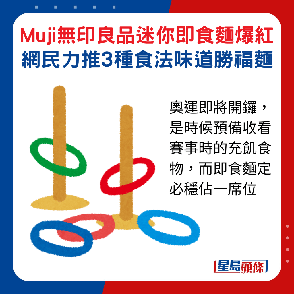 奧運即將開鑼，是時候預備收看賽事時的充飢食物，而即食麵定必穩佔一席位