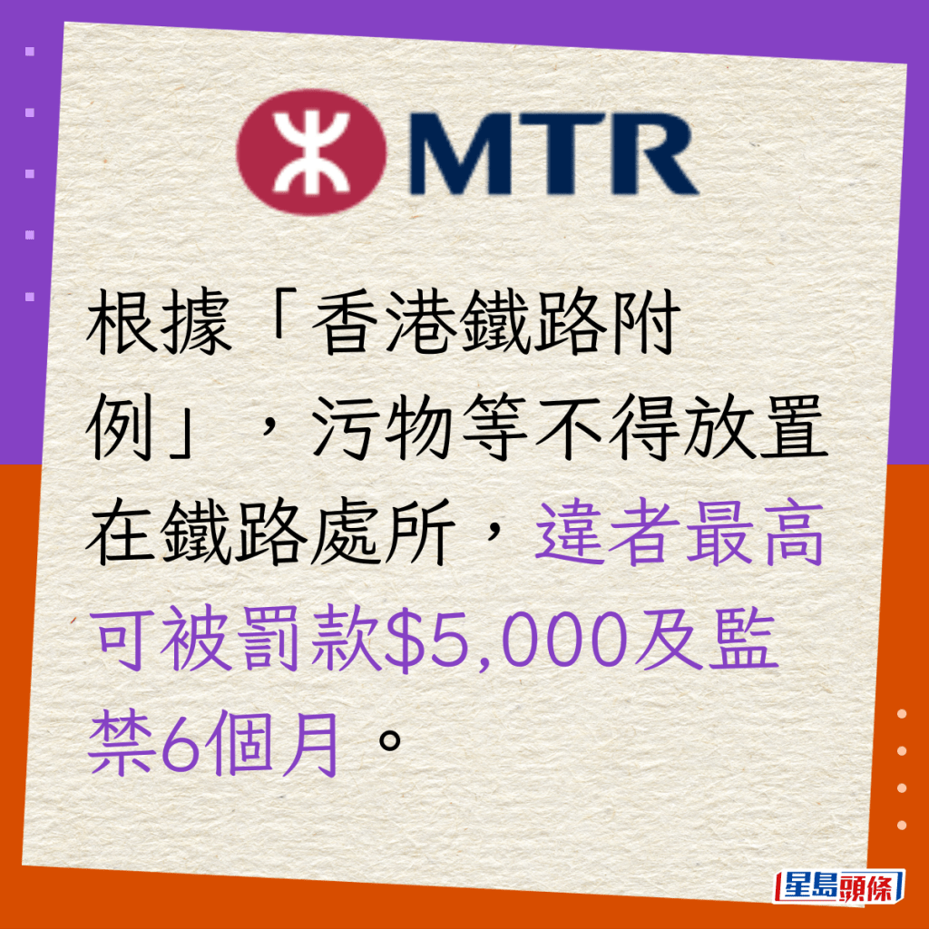 根據「香港鐵路附例」，污物等不得放置在鐵路處所，違者最高可被罰款$5,000及監禁6個月。
