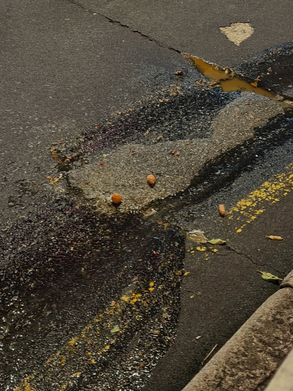 馬路中心甚至遺留有如腸仔、魚蛋等食物殘渣。 馬路中心甚至遺留有如腸仔、魚蛋等食物殘渣。