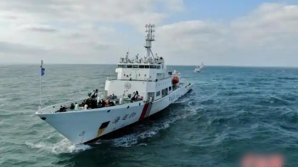 台灣海峽首艘大型巡航救助船「海巡06」輪參與行動。(無人機照片)中新社 台灣海峽首艘大型巡航救助船「海巡06」輪參與行動。(無人機照片)中新社