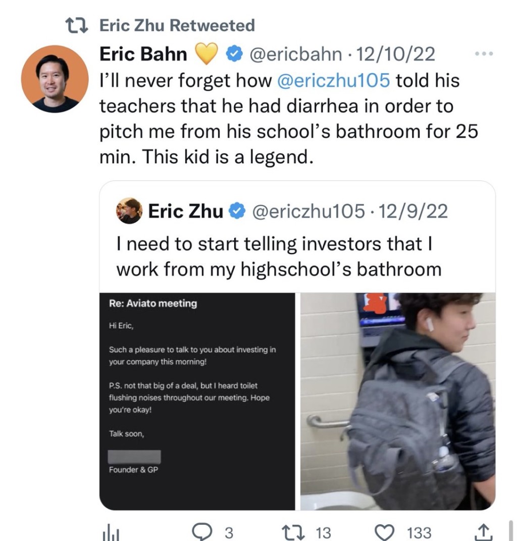 合作伙伴證實邊聽廁所沖水聲邊聽埃里克（Eric Zhu）推銷。 