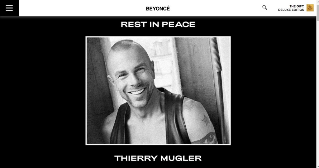 Beyonce在個人網站悼念Thierry Mugler。