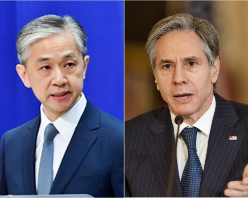 外交部發言人汪文斌(左)回應美國國務卿布林肯(右)的言論,促美方停止干預香港事務。網圖、AP資料圖片