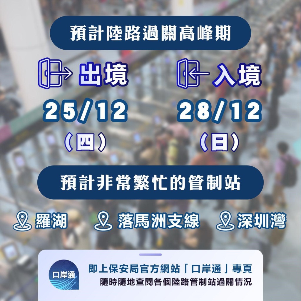 入境處又提醒市民，想要避免過關時排長龍，需記得要做足準備，避免繁忙時段過關，特別是早上8時至中午時段，盡量避免於晚上8時至午夜車輛入境高峰，經港珠澳大橋駕車返港。入境處ig