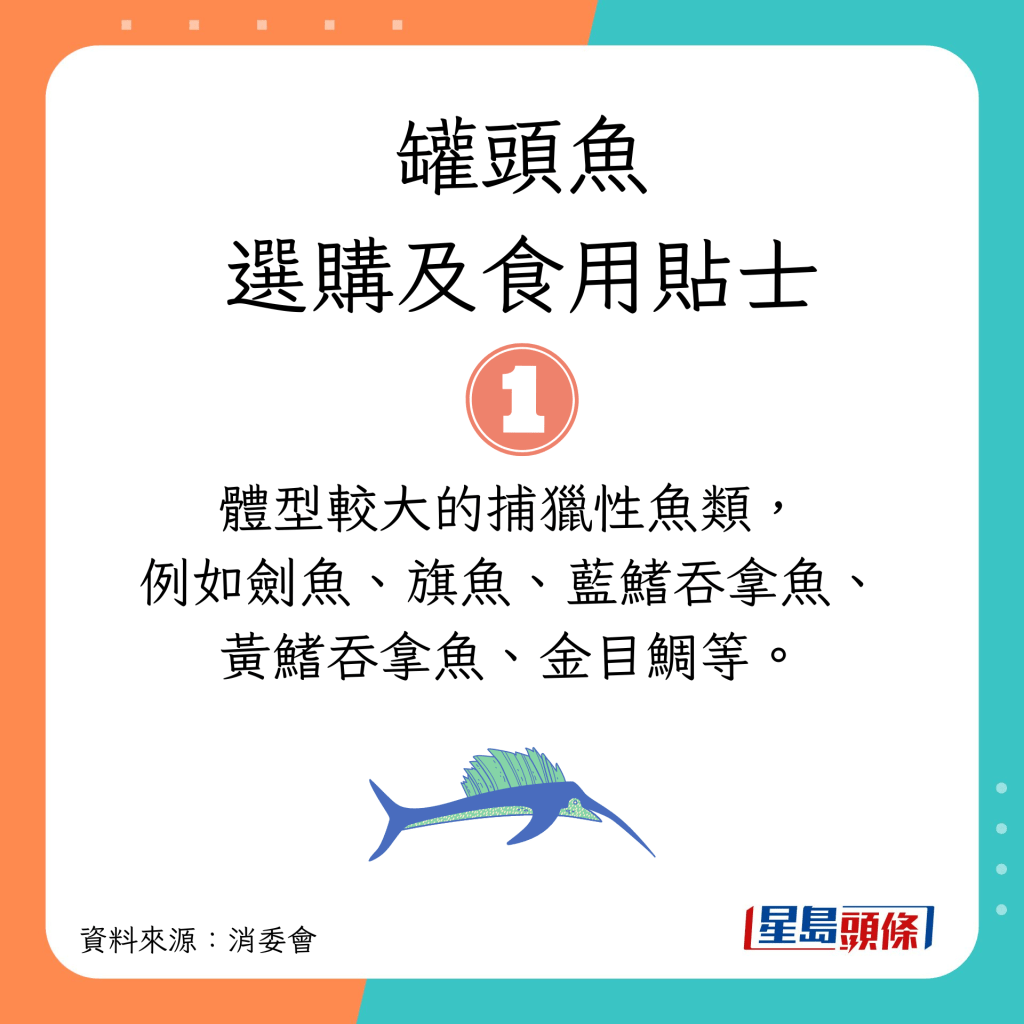 消委会选购罐头鱼及食用贴士｜避免进食体型较大的捕猎性鱼类，例如剑鱼、旗鱼、蓝鳍吞拿鱼、黄鳍吞拿鱼、金目鲷等。