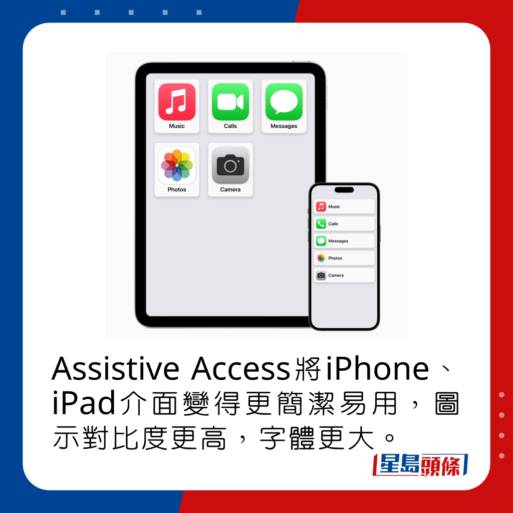 Assistive Access將iPhone、iPad介面變得更簡潔易用，圖示對比度更高，字體更大。