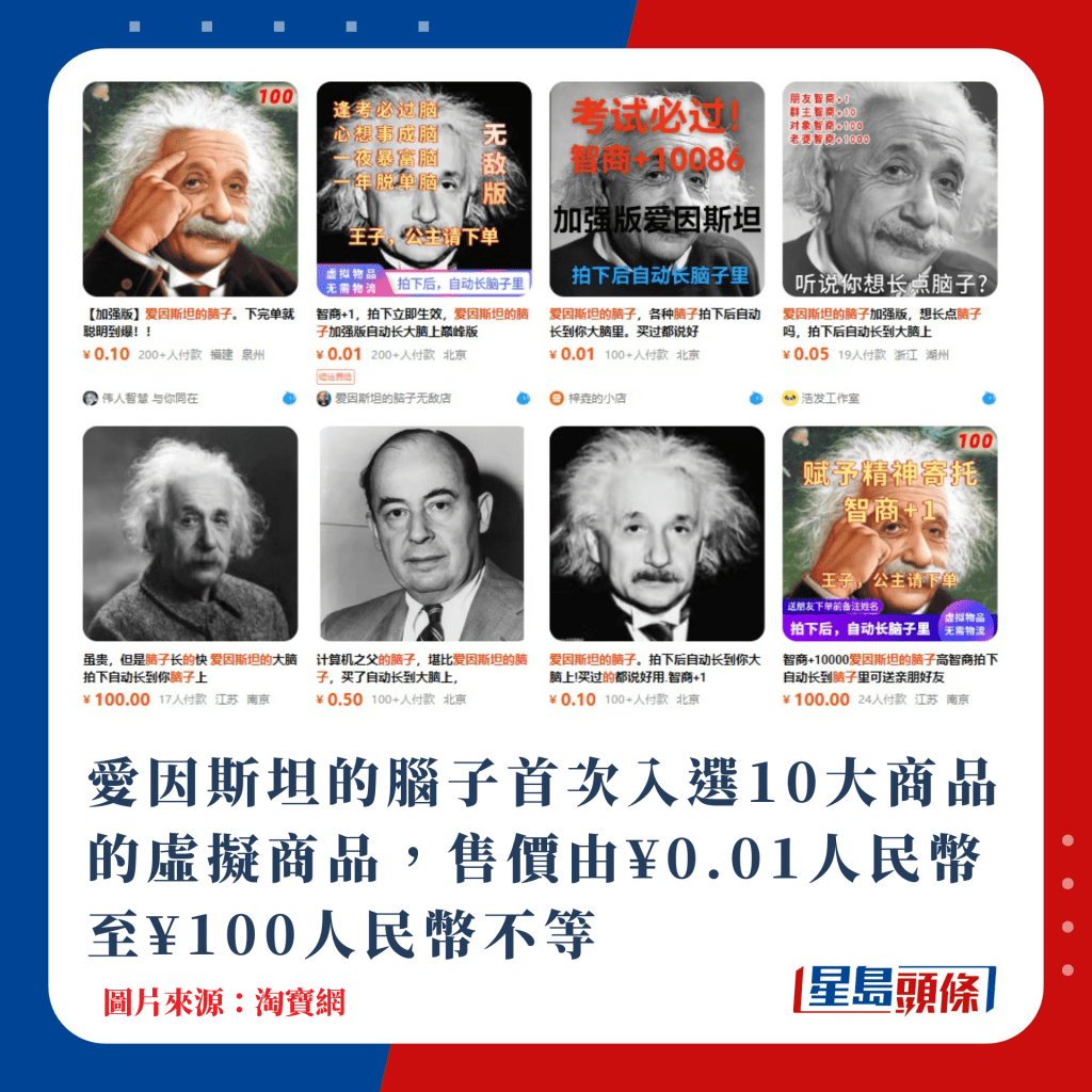愛因斯坦的腦子是首次入選10大商品的虛擬商品，售價由¥0.01人民幣至¥100人民幣不等