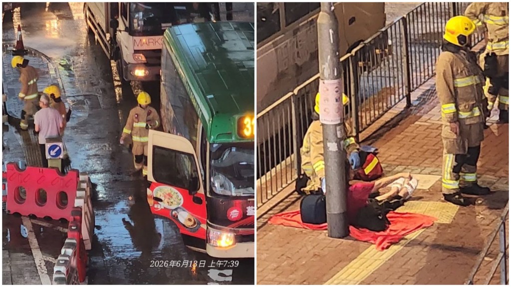 小巴撞翻手推車，女子受驚坐路邊待援。網上圖片