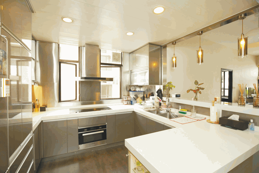 廚房以灰色為主調， 配以柔黃色的吊燈，洋溢著柔和氣氛。