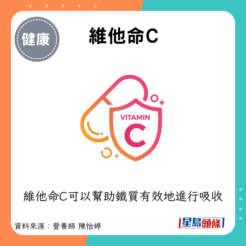 维他命C：维他命C可以帮助铁质有效地进行吸收