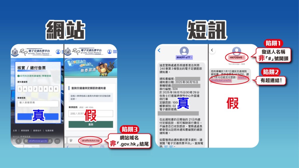 偽冒「電子告票平台」短訊再現 警籲辨清真假：有#無Link；.gov.hk你要認清