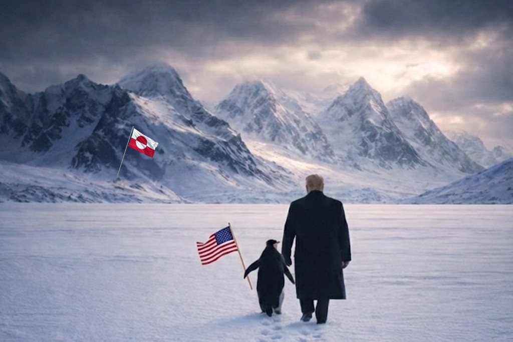 白宮的AI貼圖顯示特朗普牽著企鵝在格陵蘭漫步的背影。X@白宮